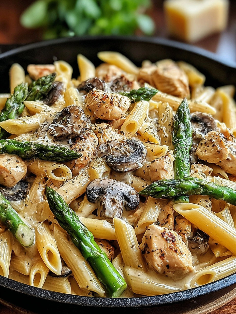 A plate of pasta with mushrooms and asparagus.