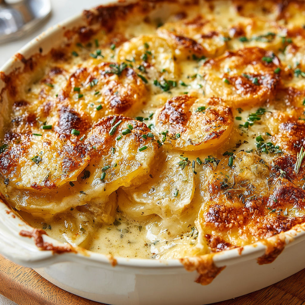 A dish of garlic Parmesan scalloped potatoes.