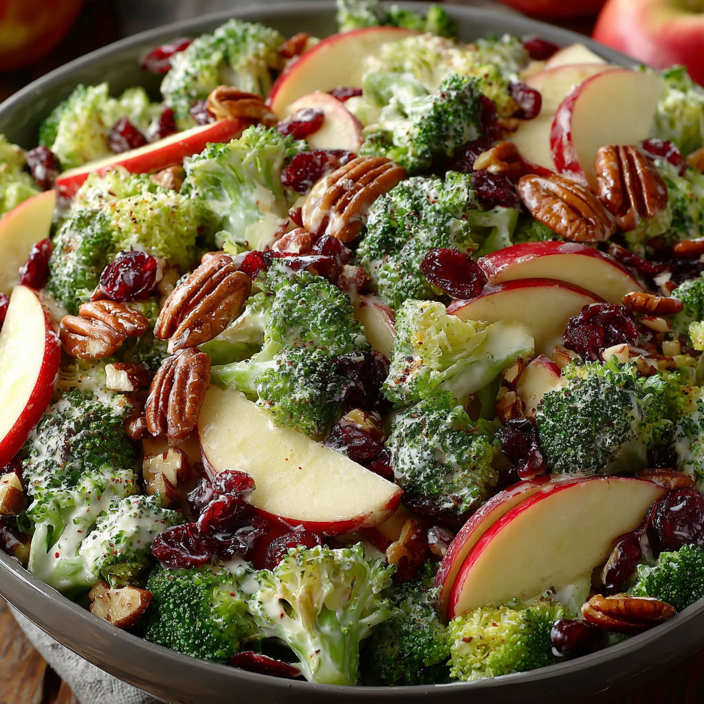 A bowl of Honeycrisp apples and broccoli.