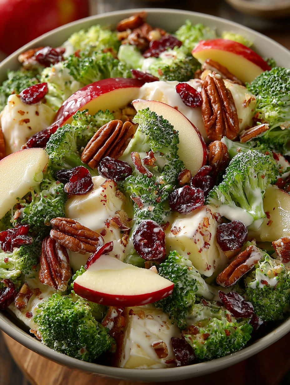 A bowl of salad with broccoli and apples.