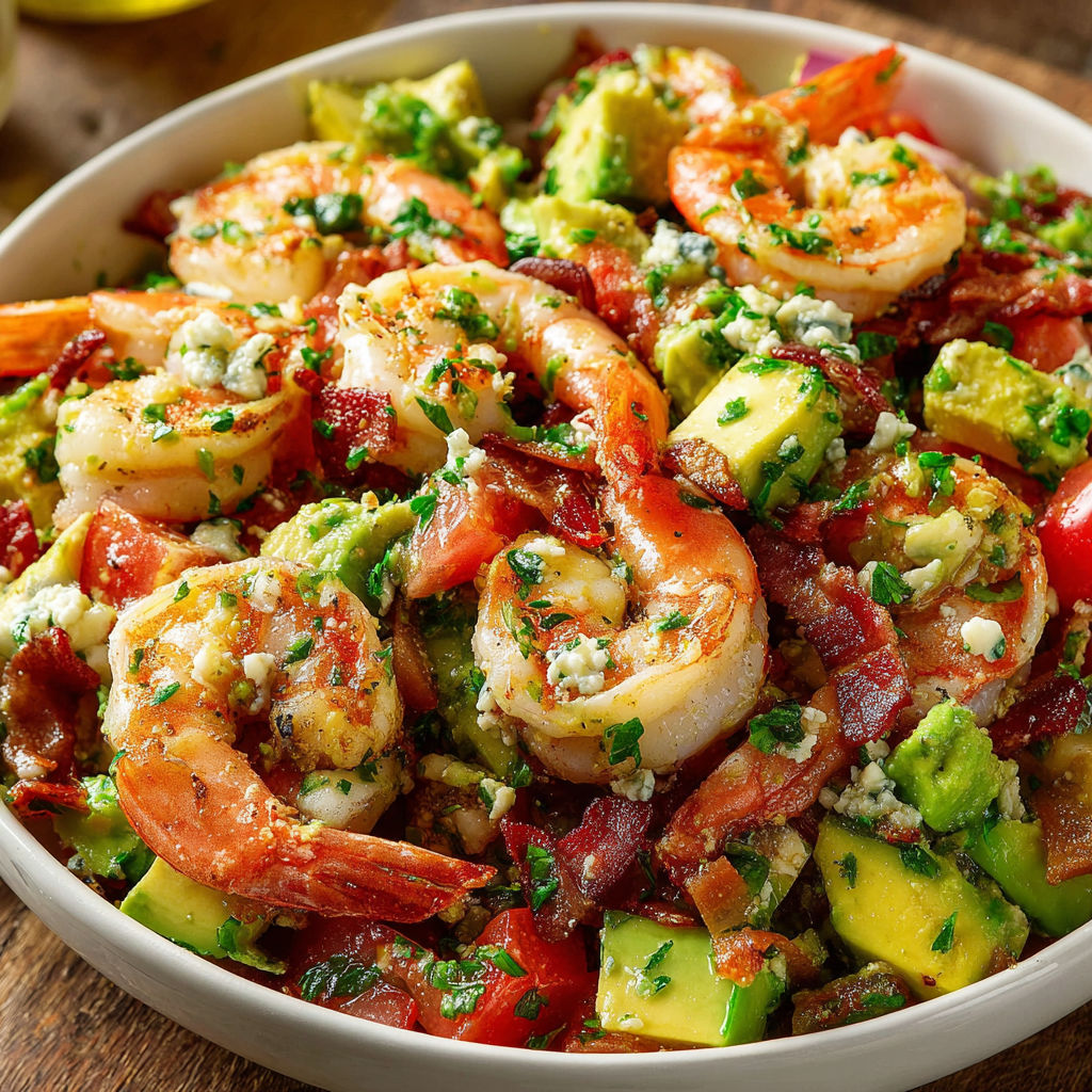 A bowl of shrimp salad with avocado and bacon.