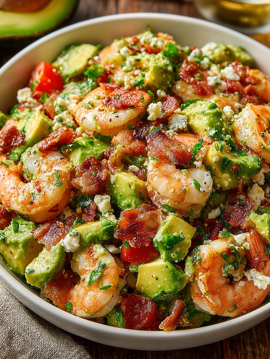 A bowl of shrimp and avocado salad with bacon.