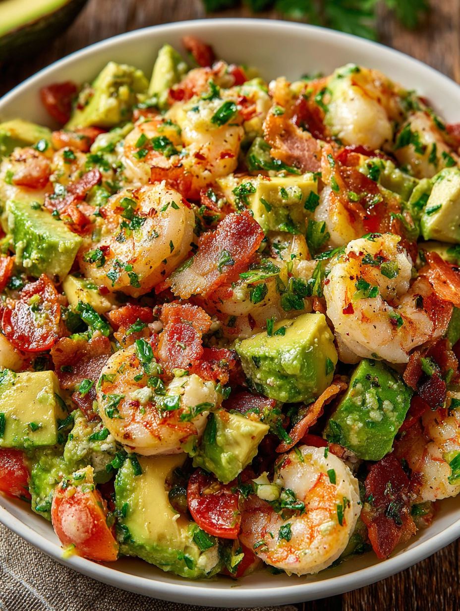 A bowl of shrimp and avocado salad with bacon.
