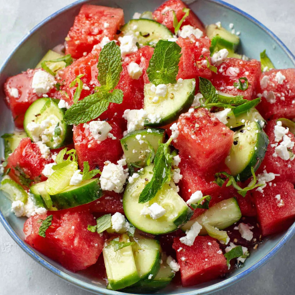 A bowl of watermelon, cucumber, and mint salad.