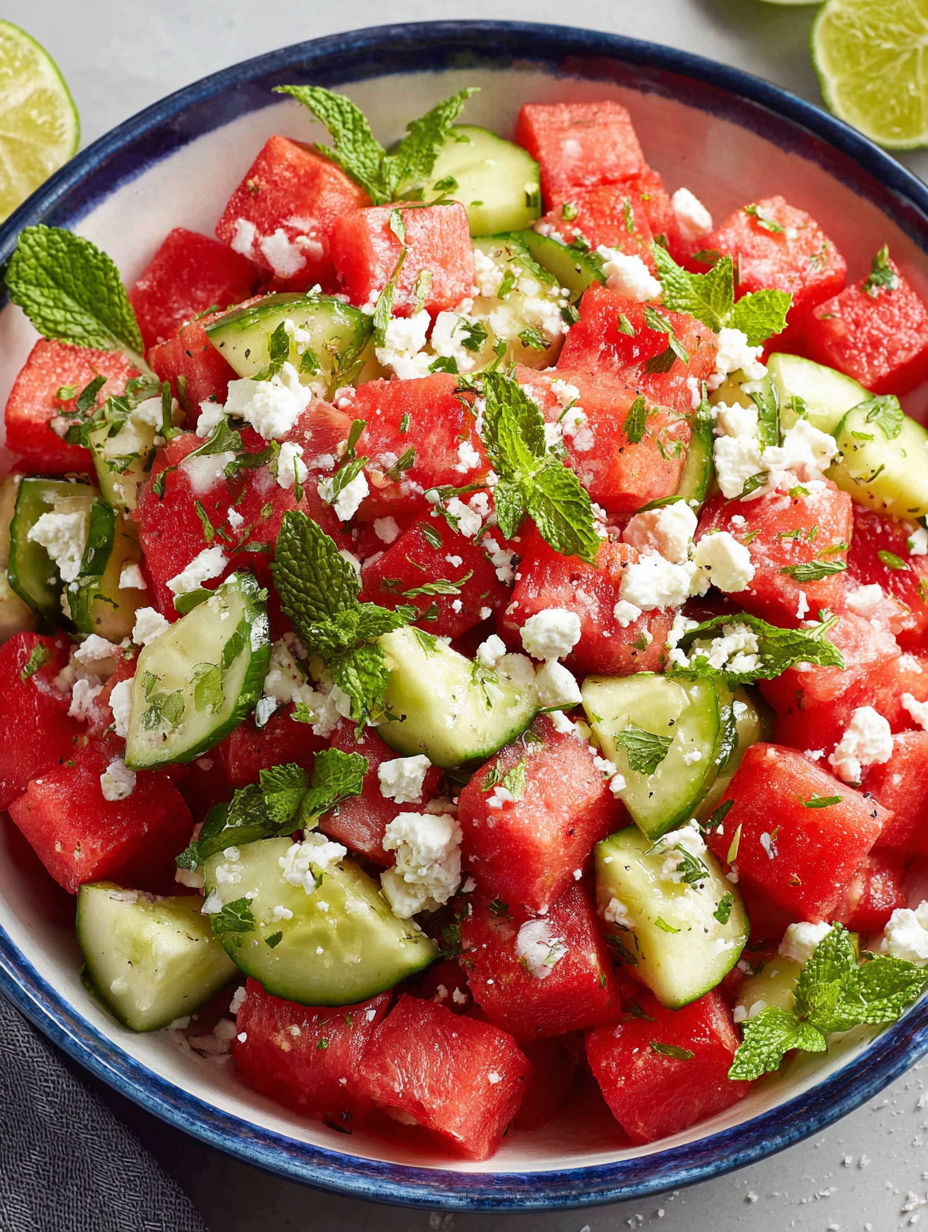 A bowl of watermelon, cucumber, and mint.