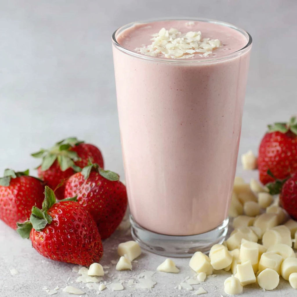 A glass of white chocolate smoothie with strawberries on the side.