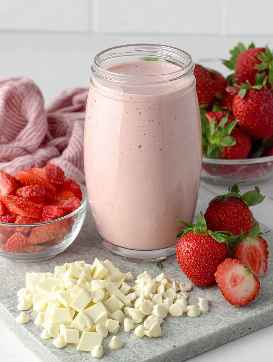 A glass of white chocolate smoothie with strawberries.