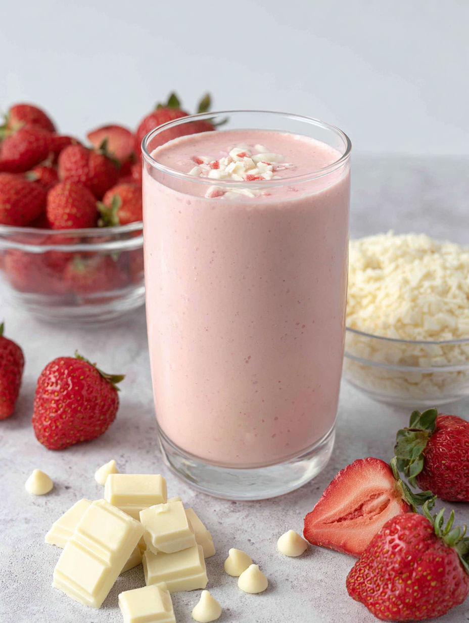 A glass of white chocolate smoothie with strawberries.