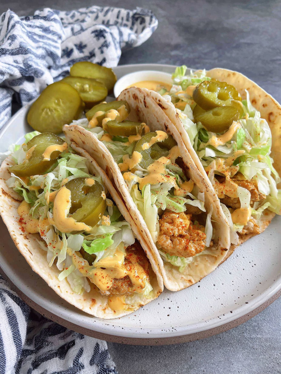 A plate of food with chicken, lettuce, and pickles.