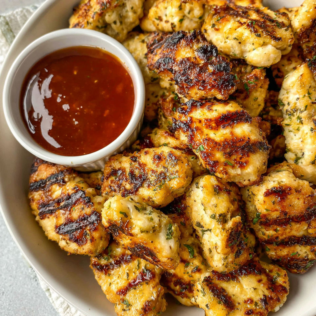 A bowl of grilled chicken nuggets with a dipping sauce.