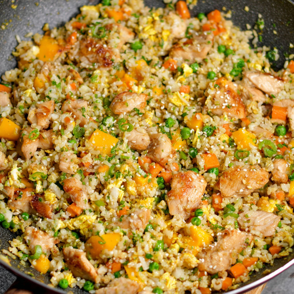 A plate of Mango Chicken Fried Rice.