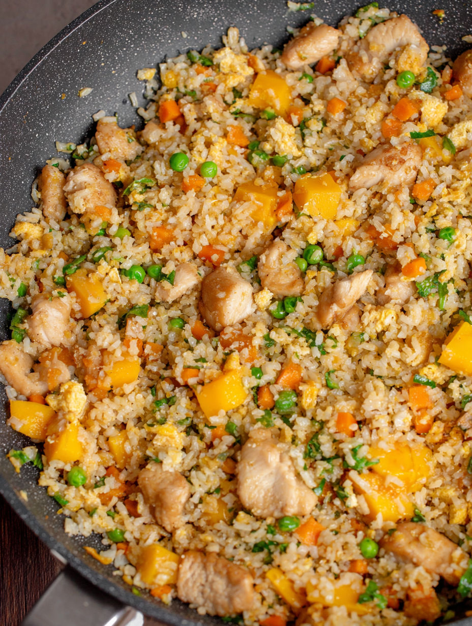 A dish of rice and vegetables.