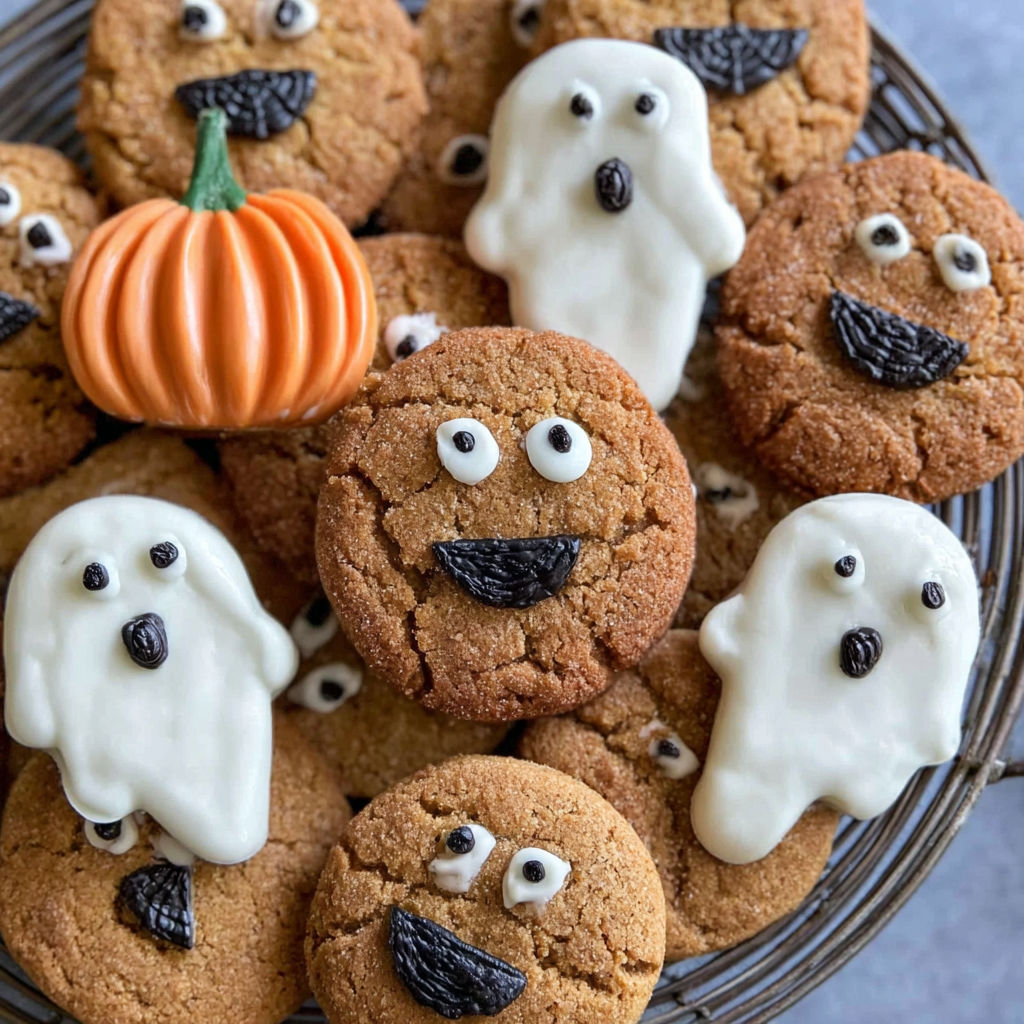 A basket of brown butter pumpkin cookies with ghost faces on them.