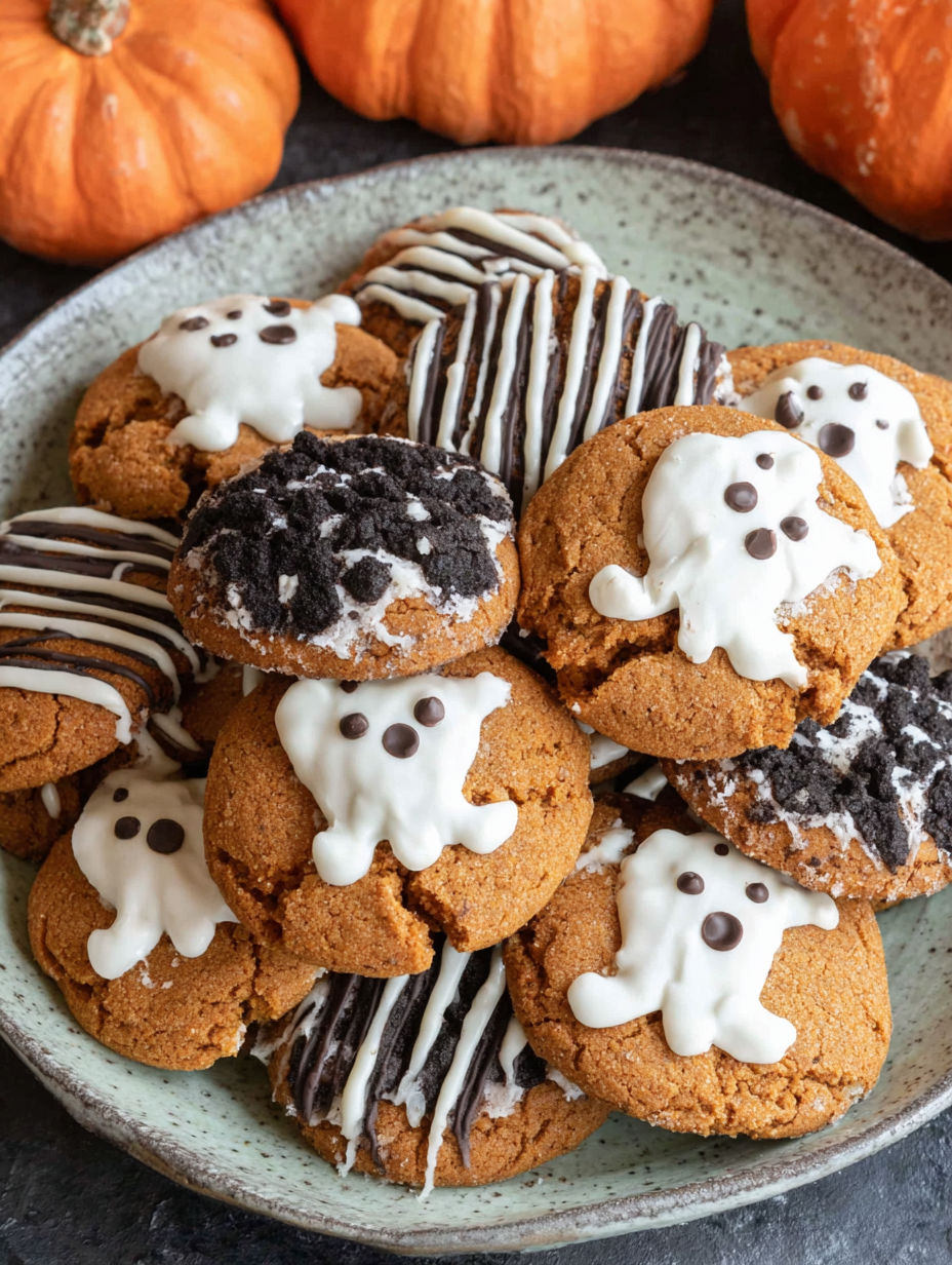 A plate of cookies with white icing and black icing.