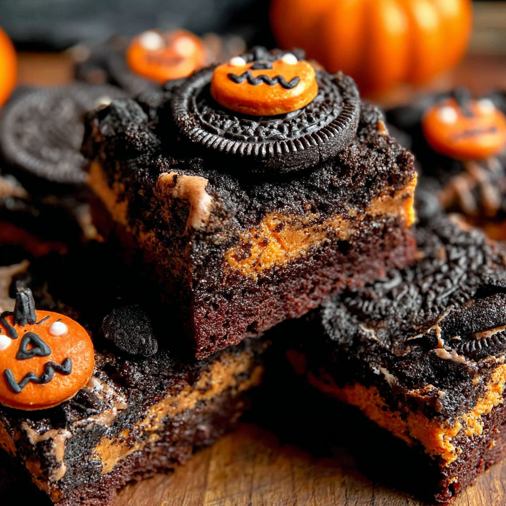 A close up of a delicious Halloween Oreo Cookie Boo Brownies.