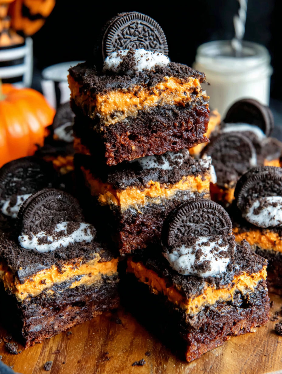 A stack of brownies with Oreo cookies on top.