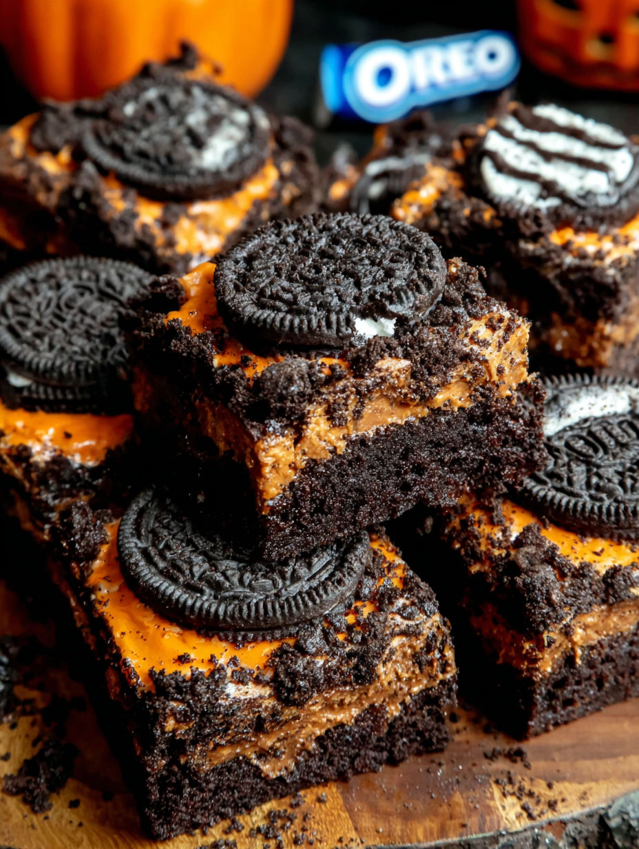 A close up of a delicious looking Halloween Oreo Cookie Boo Brownies.