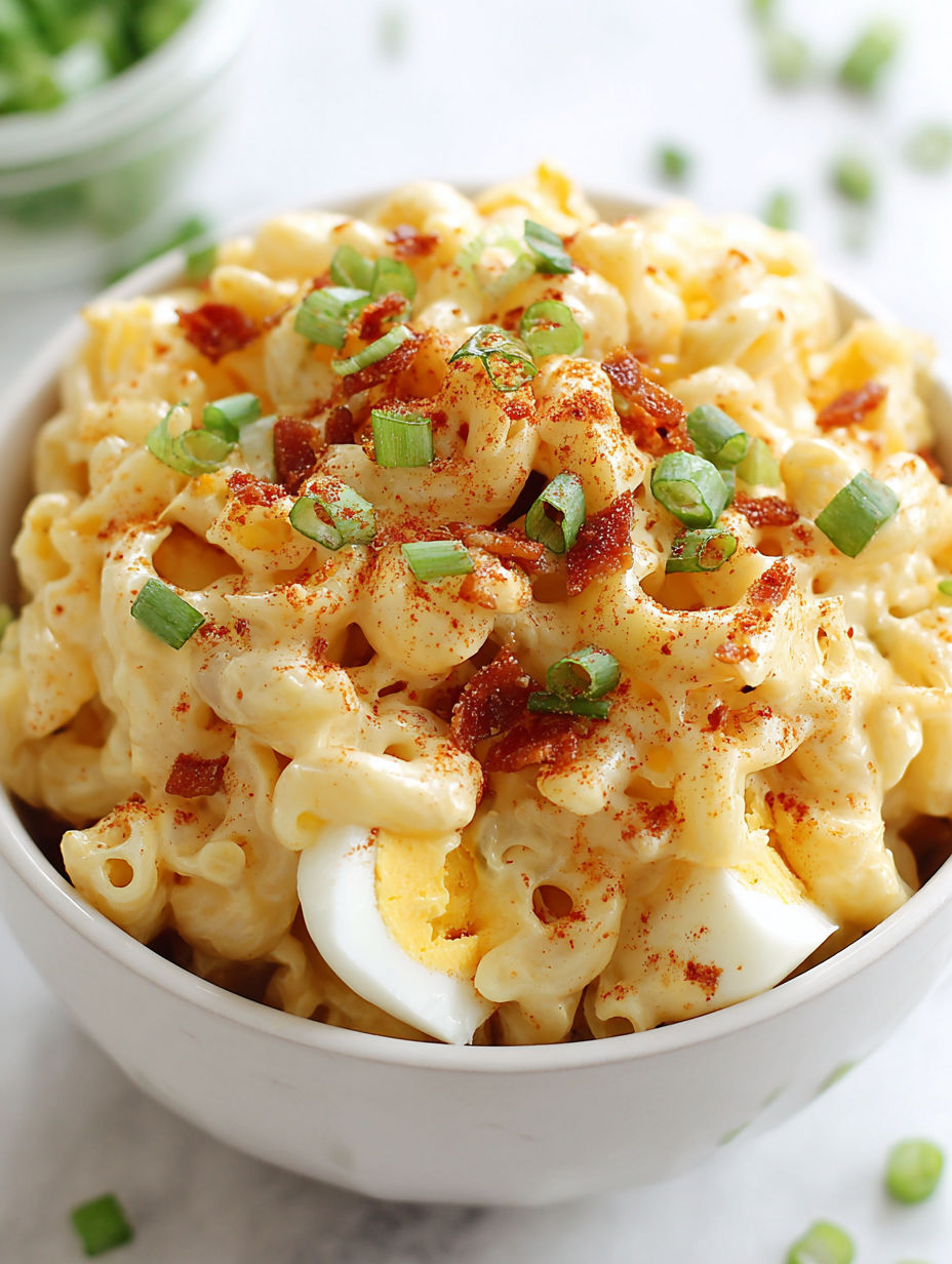 A bowl of macaroni and cheese with bacon bits and green onions.