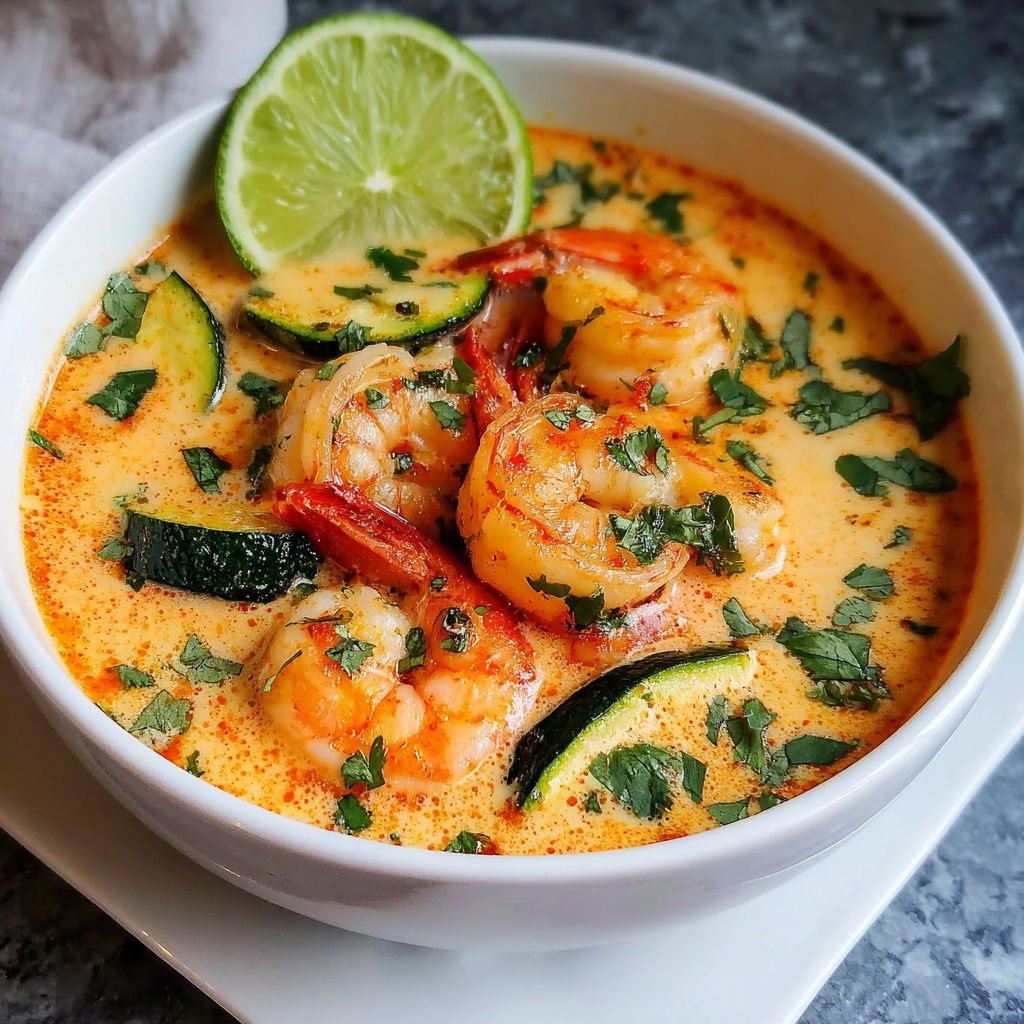 A bowl of shrimp soup with lime wedges on top.