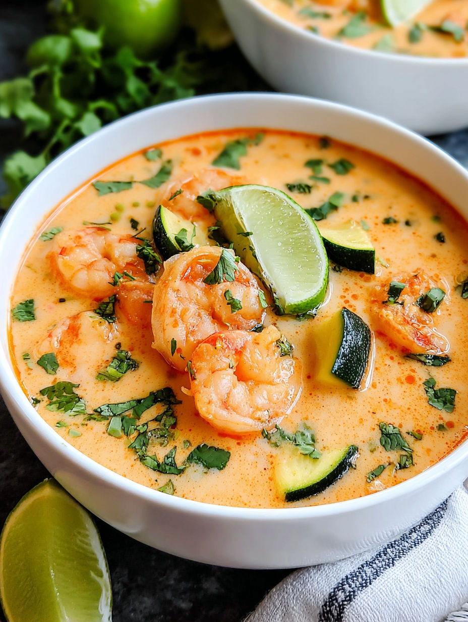 A bowl of shrimp soup with lime and cilantro.