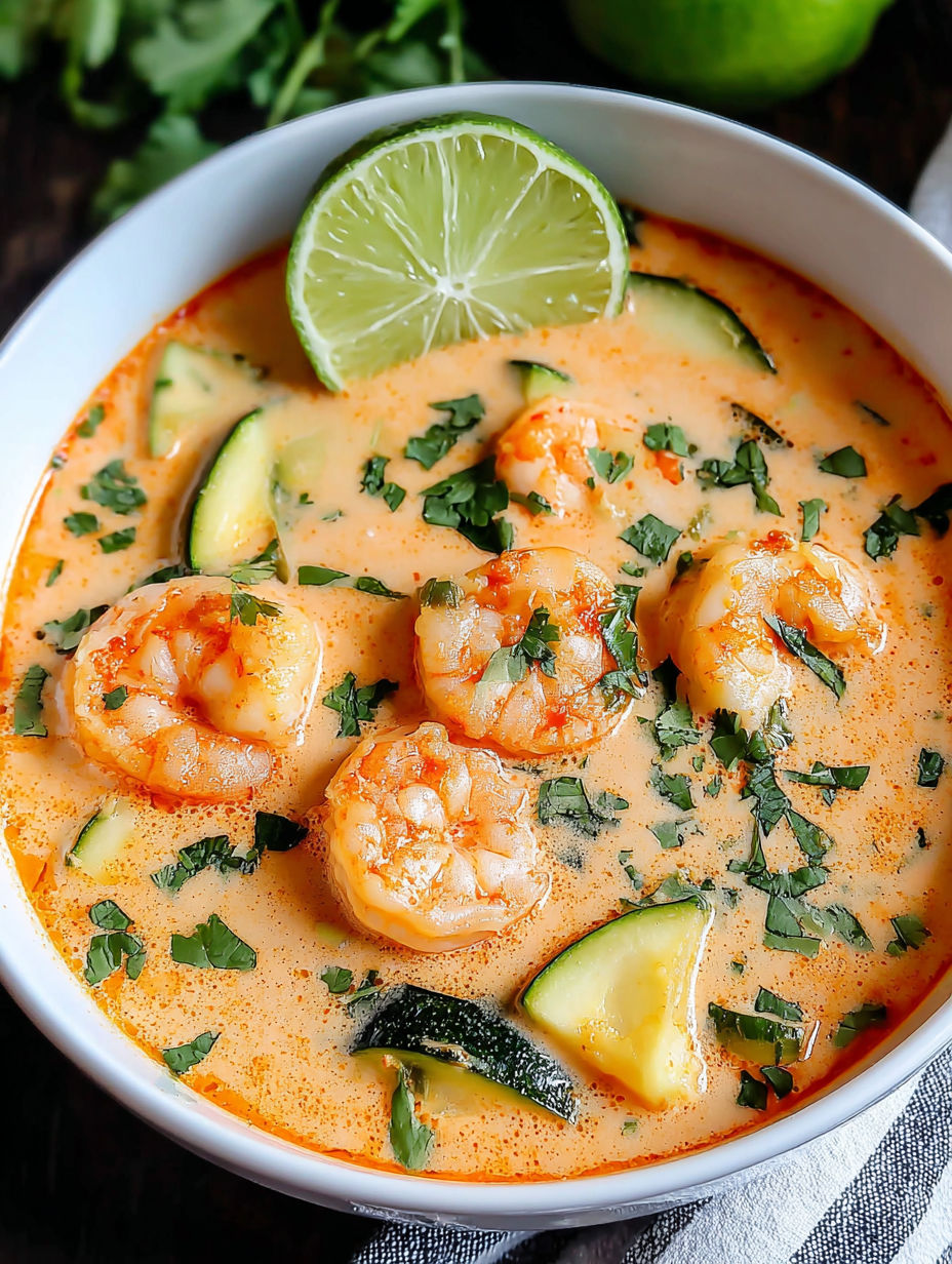 A bowl of shrimp soup with lime wedges and cucumber slices.