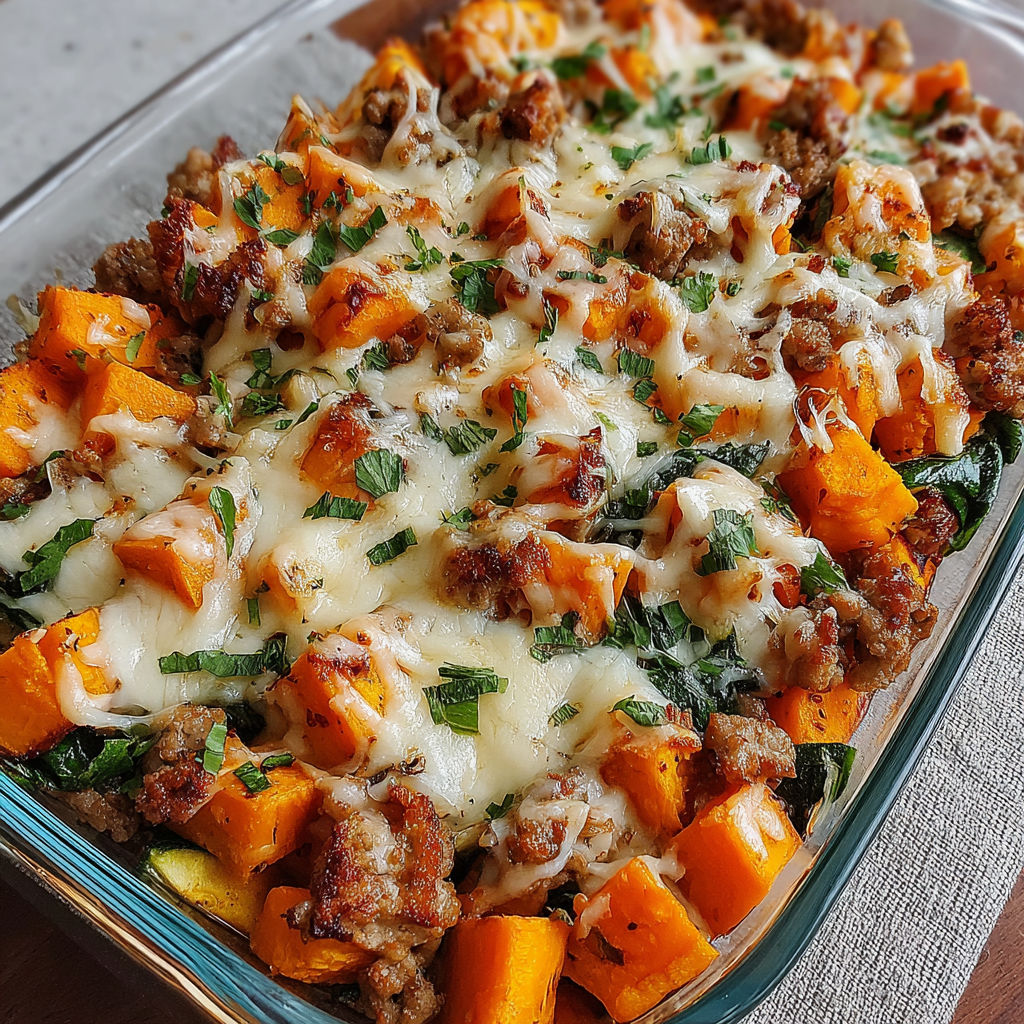 A dish of sweet potato and meat bake.