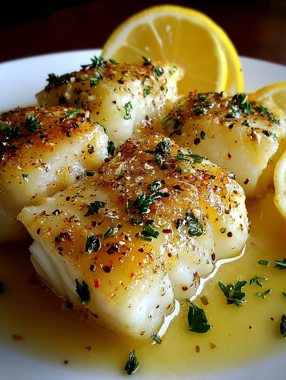 A plate of fish with lemon wedges on top.