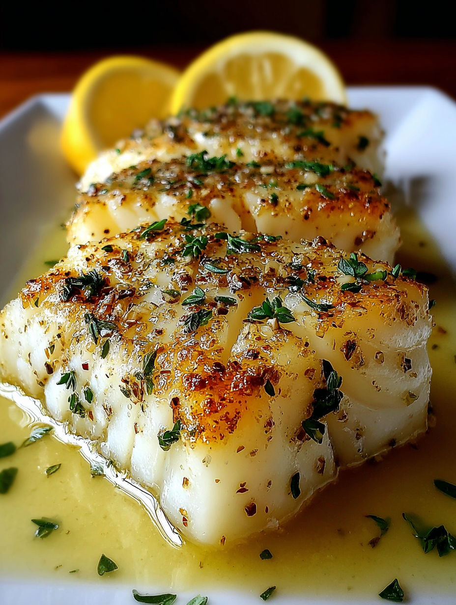 A plate of fish with lemon wedges on top.