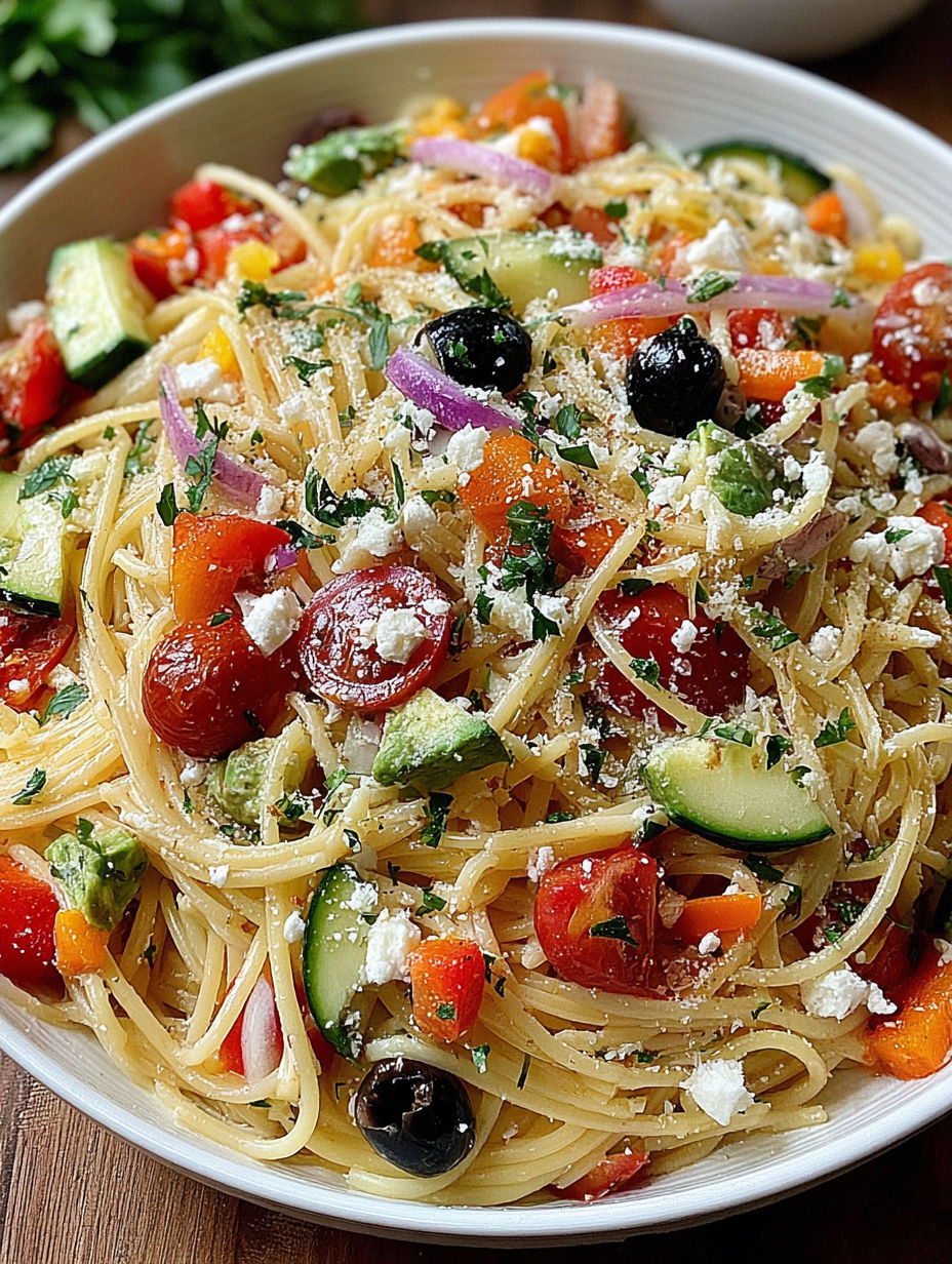 A bowl of pasta with vegetables and cheese.