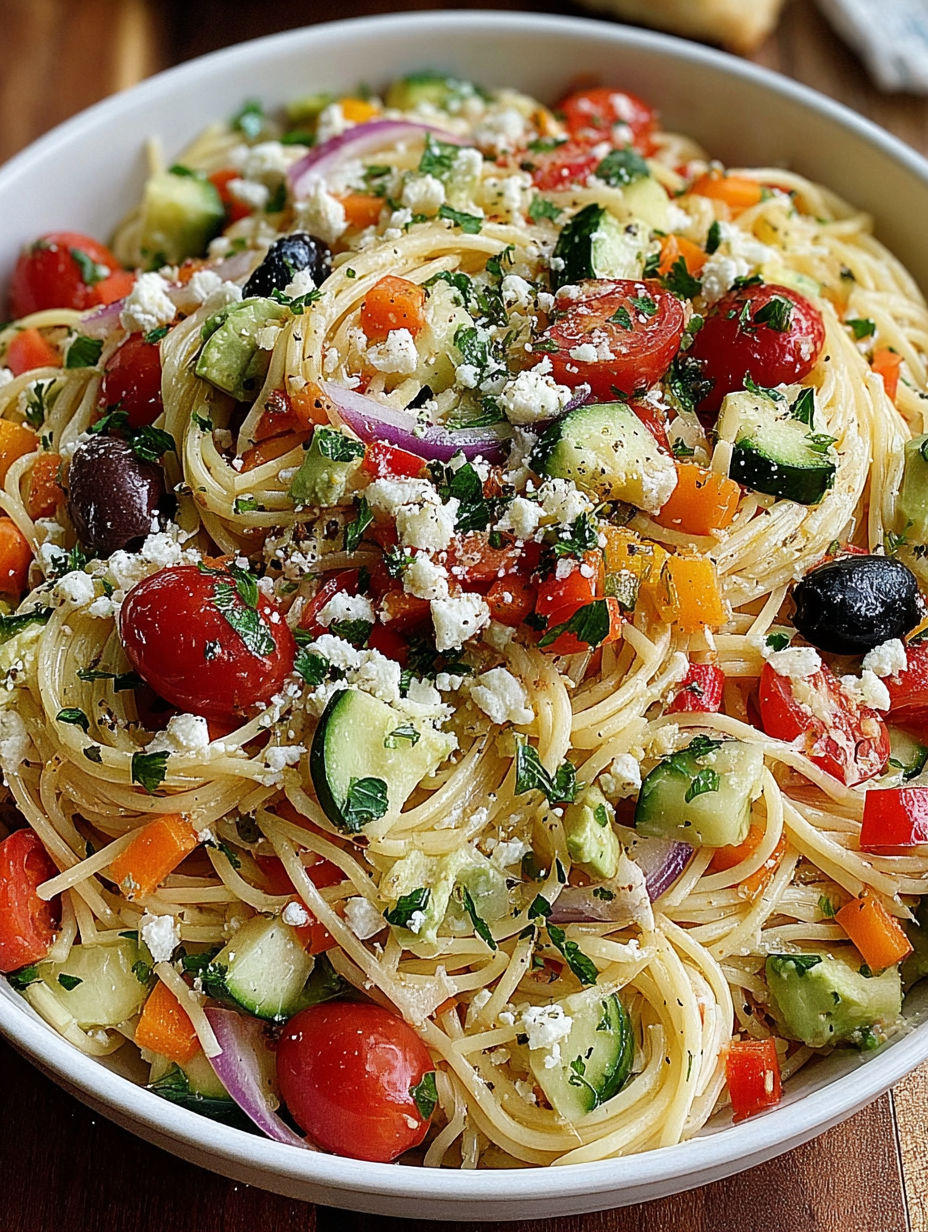 A bowl of pasta with vegetables.