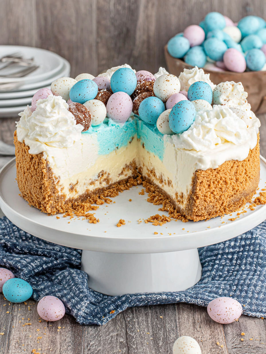 A slice of cake with blue and white frosting.
