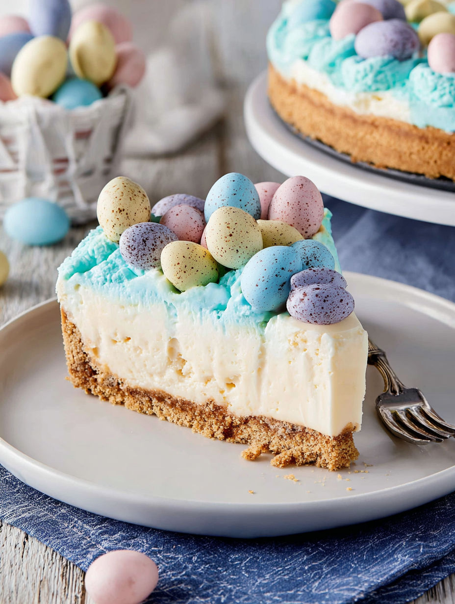 A slice of cake with blue frosting and colorful eggs on top.