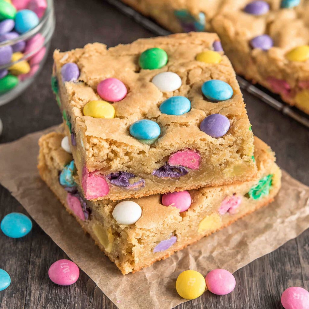 A slice of Easter blondies with colorful candy toppings.