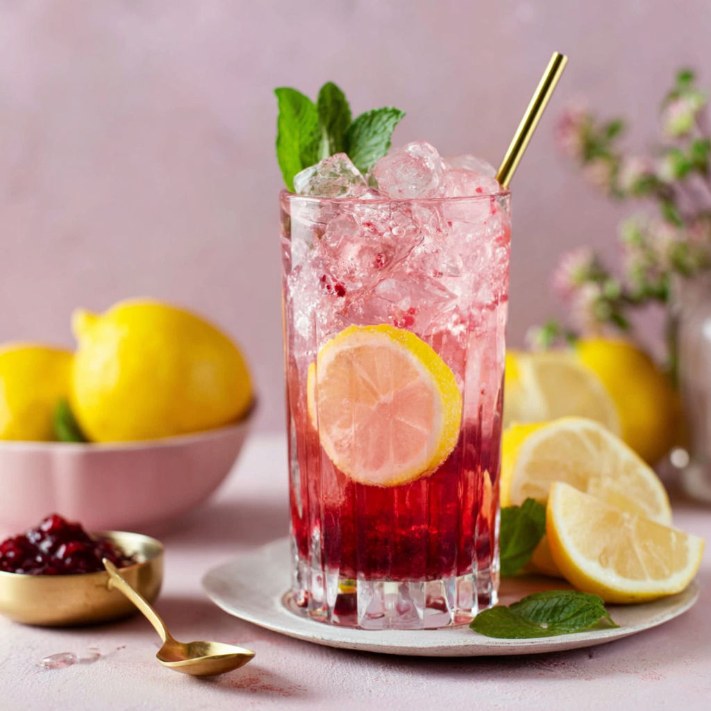 A glass of pink lemonade with lemon slices.
