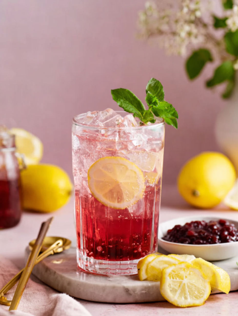 A glass of fun jam seltzer drink with lemon and mint.