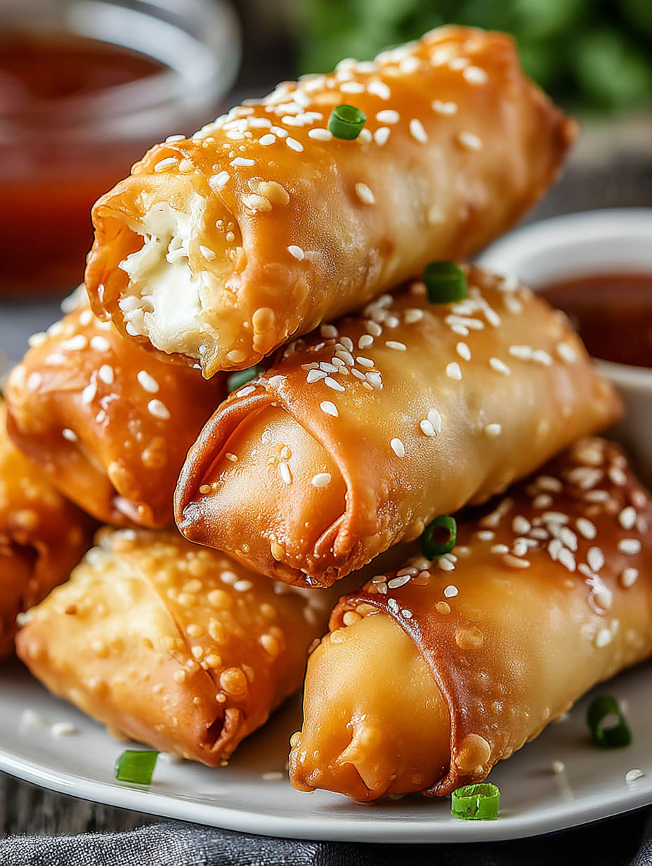 A stack of spring rolls with sesame seeds.
