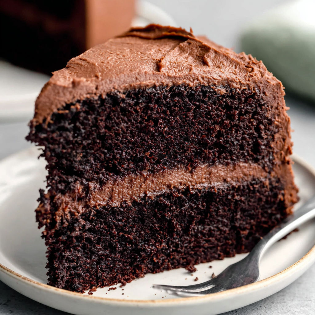 A slice of moist rich chocolate cake.