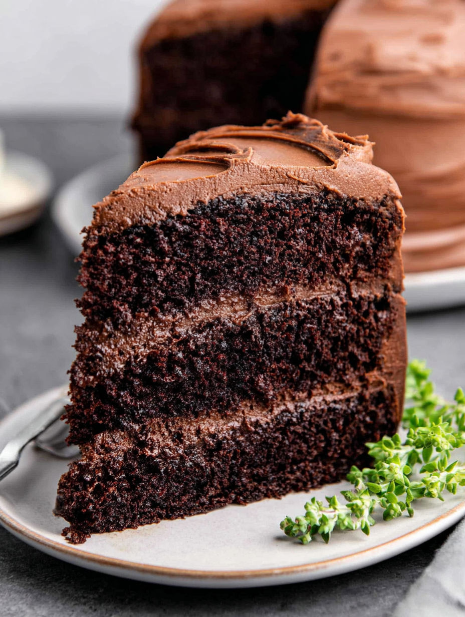 A slice of moist rich chocolate cake.