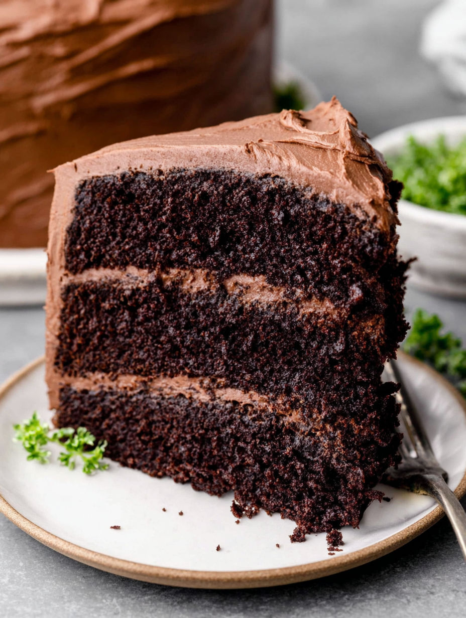 A slice of moist rich chocolate cake.