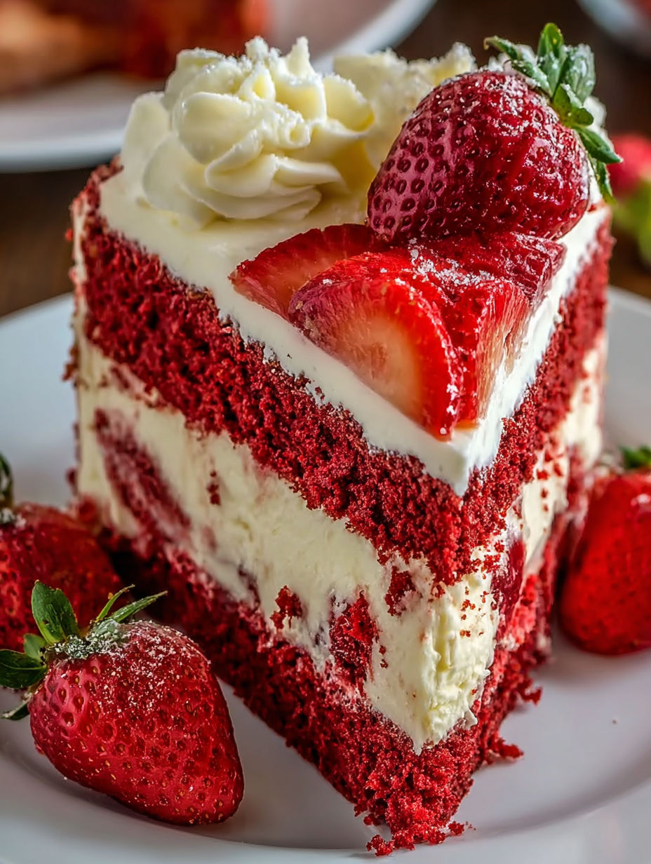 A slice of red velvet strawberry cheesecake.