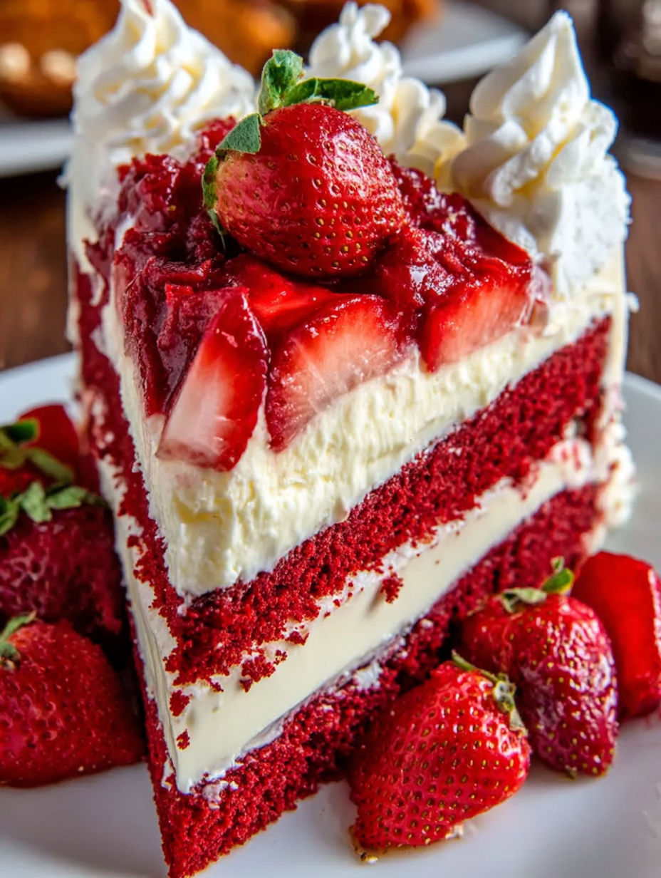 A slice of red velvet strawberry cheesecake.
