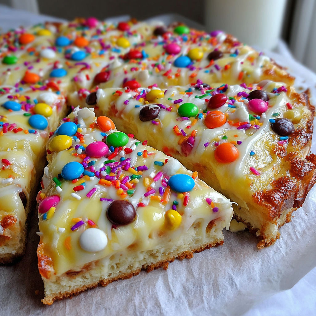 A slice of a white chocolate brownie pizza.