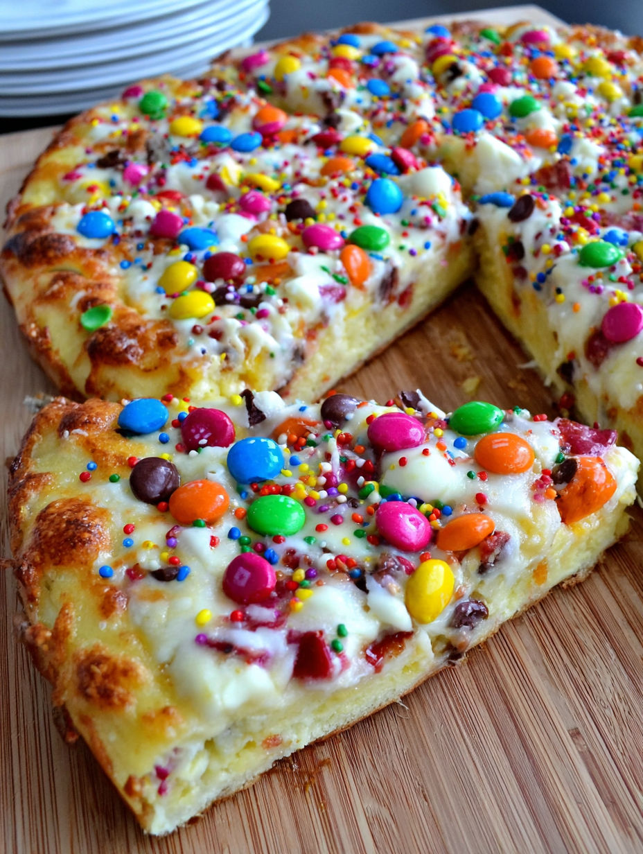 A slice of a white chocolate brownie pizza.