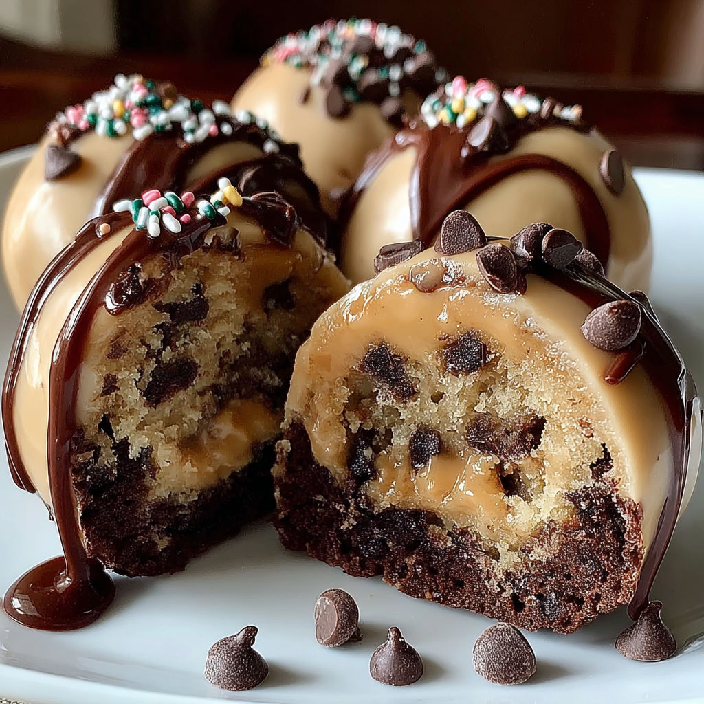 Chocolate cookie dough brownie bombs on a plate.