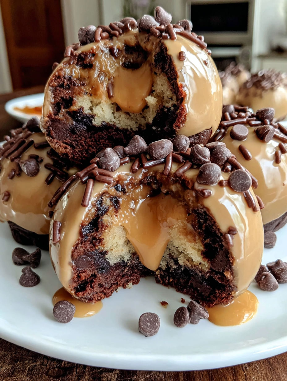 A stack of chocolate donuts with peanut butter filling.