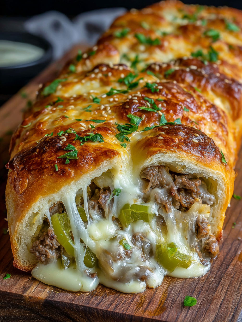 A slice of a Philly Cheesesteak Stromboli.