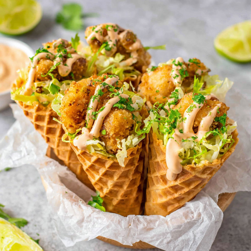 Spicy chicken waffle cones with creamy sriracha sauce.