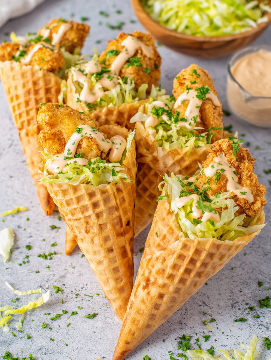 A waffle cone filled with shrimp and sauce.