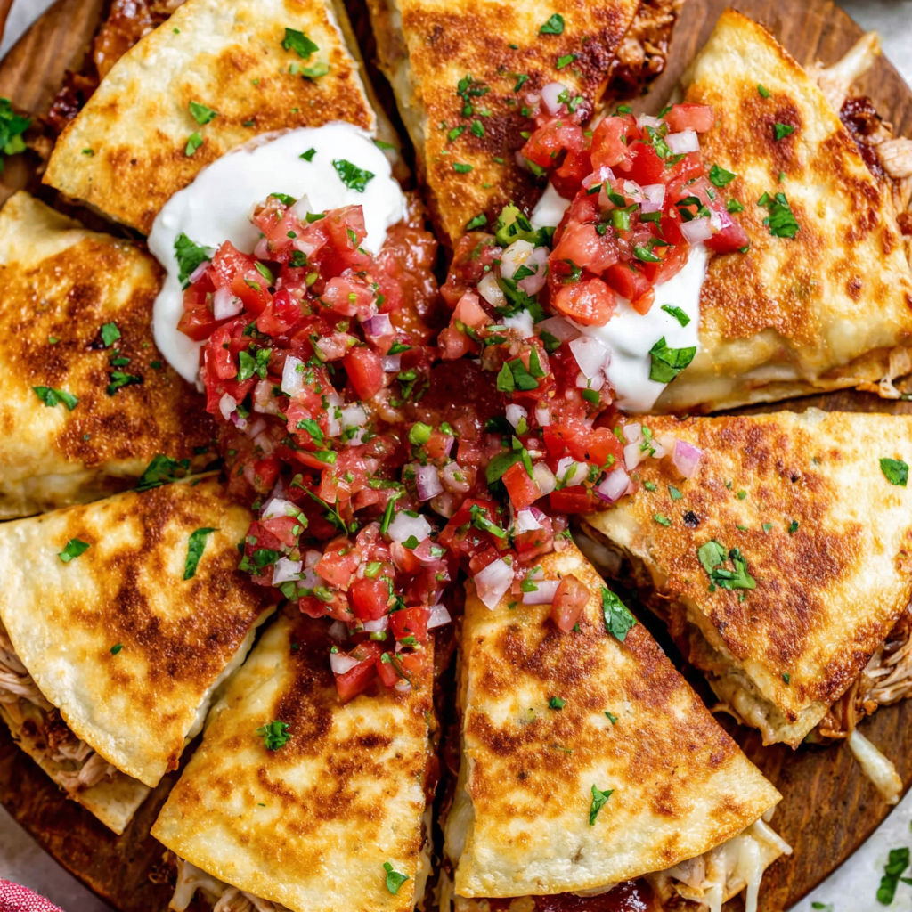 Mini chicken quesadillas with tomatoes and sour cream.