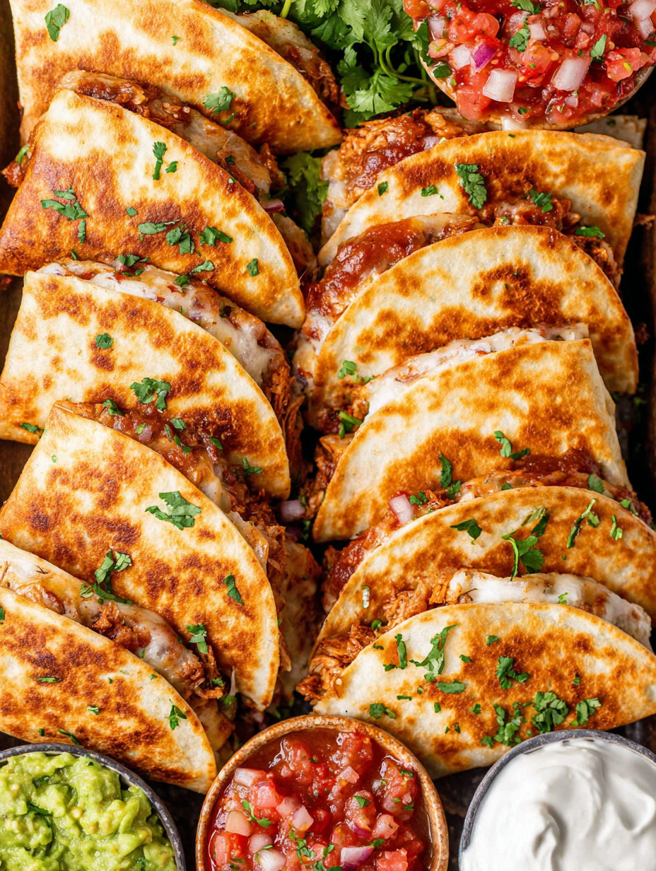 Mini chicken quesadillas on a tray.